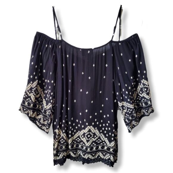 Angie Black Ivory Boho Off Shoulder Top S Fairy Hippie Gypsy Whimsy Renfair - Picture 6 of 9